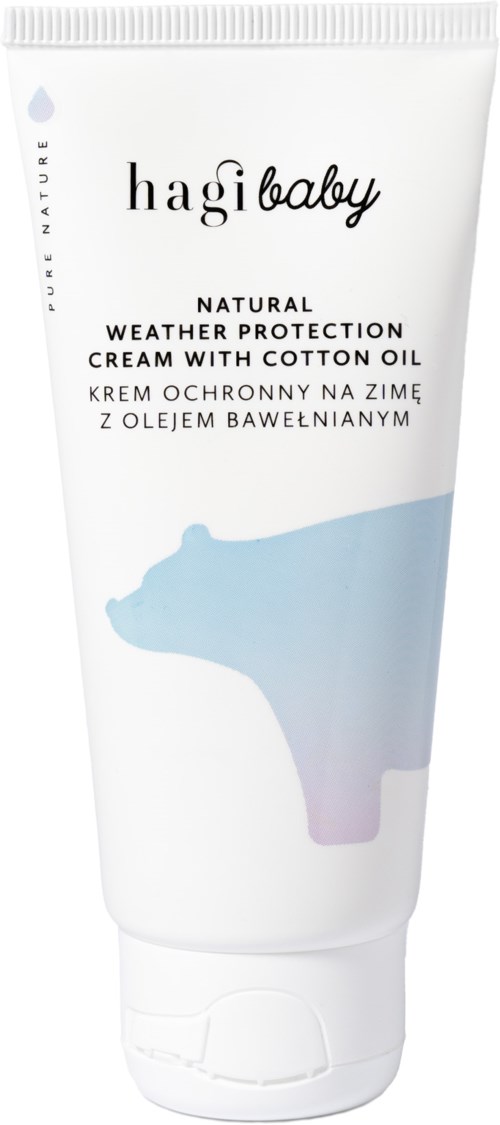 Een witte tube Hagi Baby crème met blauw en paars beerontwerp, voor weerbescherming met katoenzaolie.