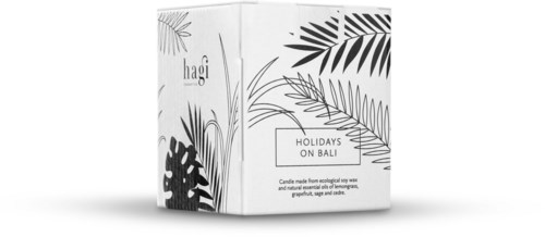 En eske med tropiske blad og teksten 'Holidays on Bali.', sannsynligvis et produkt for reise eller gaver.
