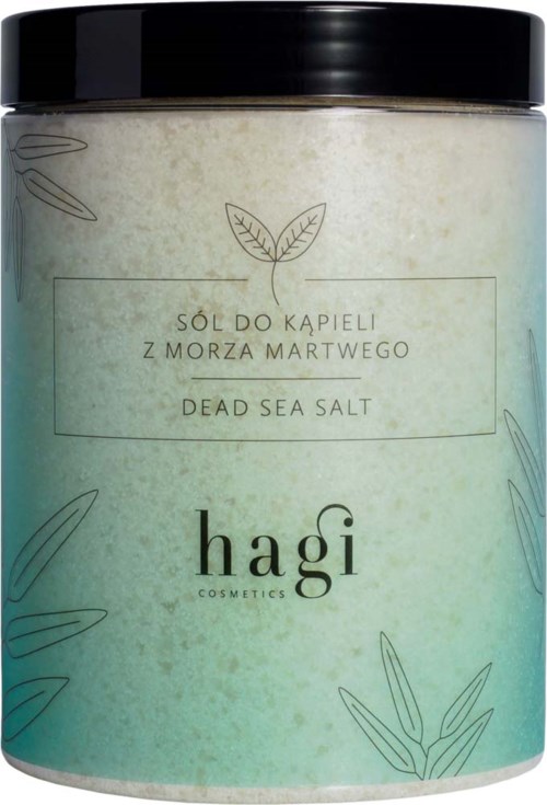 En rund beholder med sort låg, mærket 'Dead Sea Salt' til bad fra Hagi Cosmetics.
