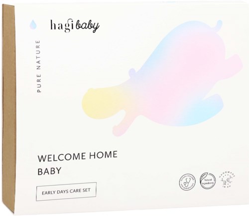Enkel box med pastellbabysilhuett och text om babyvård och naturliga ingredienser.