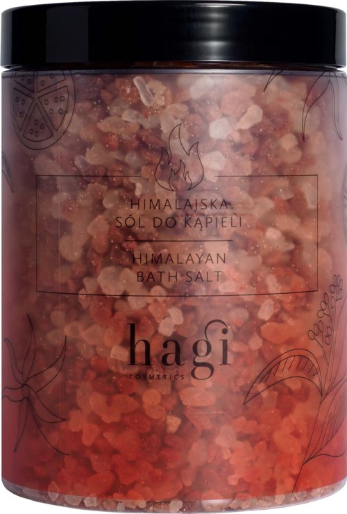 Beholder med Himalayasaltbad med rosa og hvite krystaller og svart lokk, dekorert med enkle blomsterillustrasjoner.