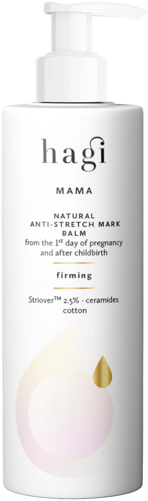 En vit flaska med pump, märkt Hagi Mama, påstår sig minska stretchmärken efter graviditet och förlossning, med naturliga ingredienser.