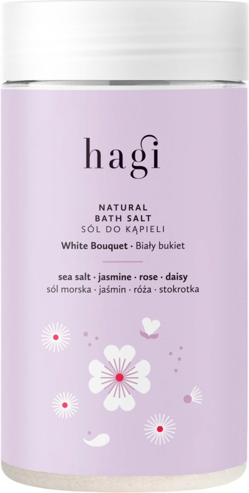 En lang, hvit beholder med en lavendel etikett med blomster og merkevare "hagi."