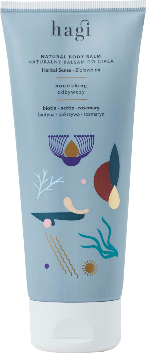 A light blue tube of body balm with abstract plant and nature illustrations, labeled as nourishing and herbal-based.