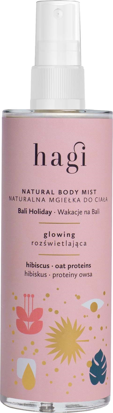 En rosa sprayflaske merket "hagi" med naturlige ingredienser og fargerike abstrakte design.