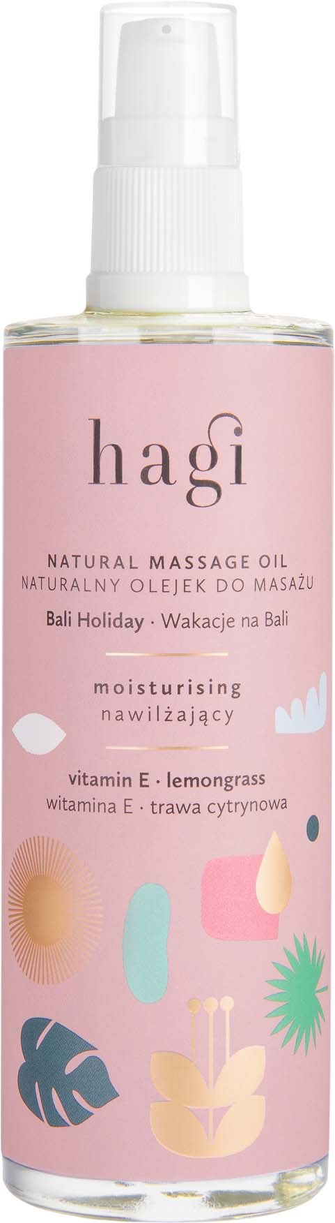 A pink bottle of Hagi natural massage oil with a spray pump and tropical plant illustrations.