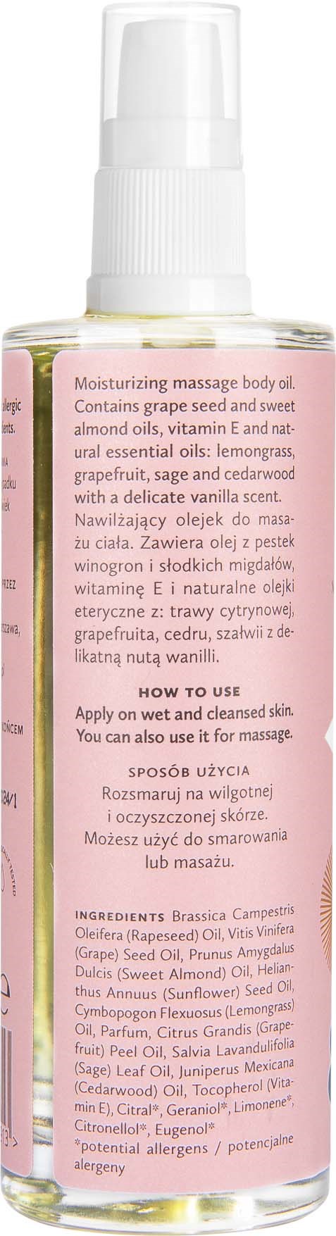 A tall, clear bottle with a white spray cap, text describes moisturizing massage body oil with natural ingredients.