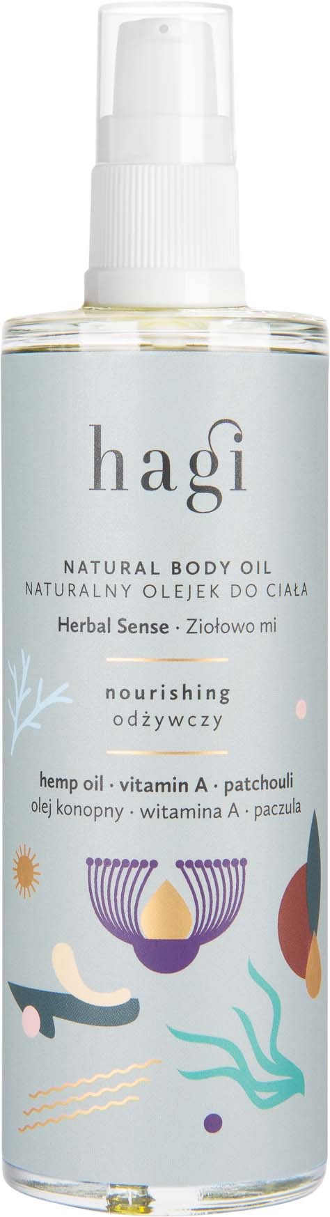 A clear bottle with a spray top, labeled 'hagi natural body oil' with illustrations of plants and a candle.