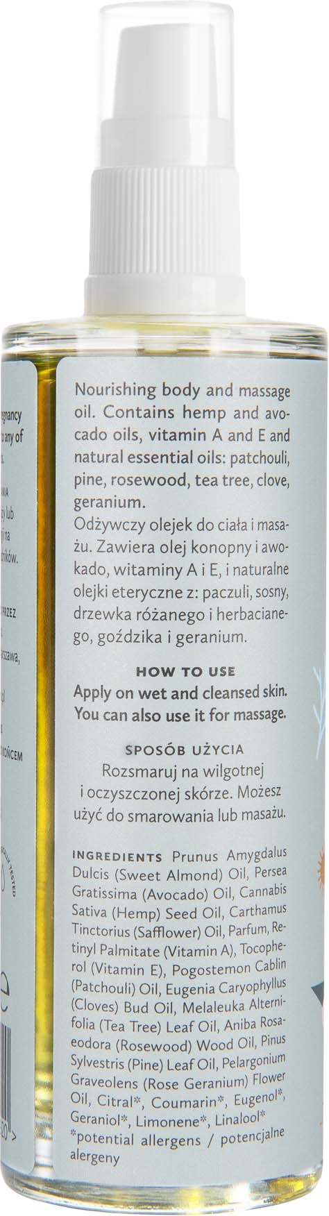 Clear spray bottle for body and face with a label describing ingredients and usage instructions.