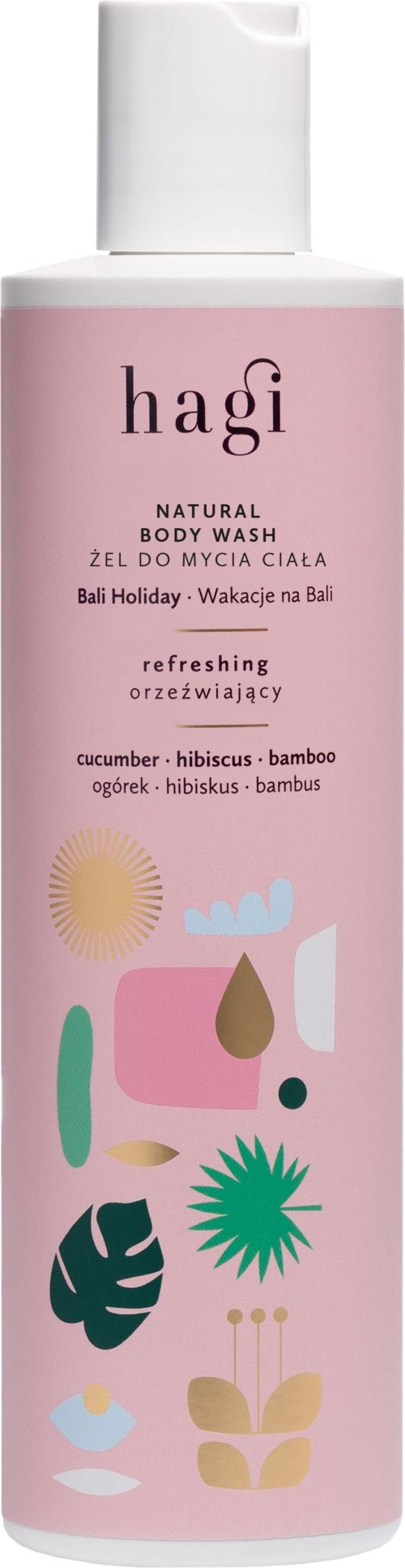 En rosa flaske med Hagi Natural Body Wash med lokk, merket som forfriskende med agurk, hibiskus og bambus ingredienser.