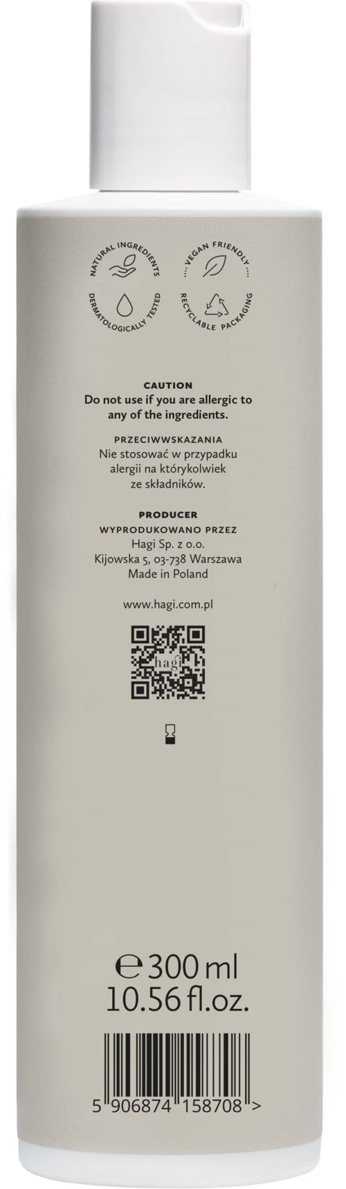 Hvit flaske med svarte og hvite varselsymboler og tekst, 300 ml størrelse, inneholder væske.