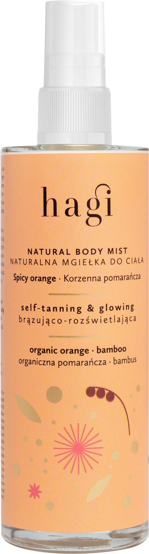 Suihkutölkki merkattu "Hagi Organic Body Mist" jossa on oranssi ja vaaleanpunainen muotoilu, kuvailee itseruskettava, hehkuva ja orgaaninen appelsiinin tuoksu.