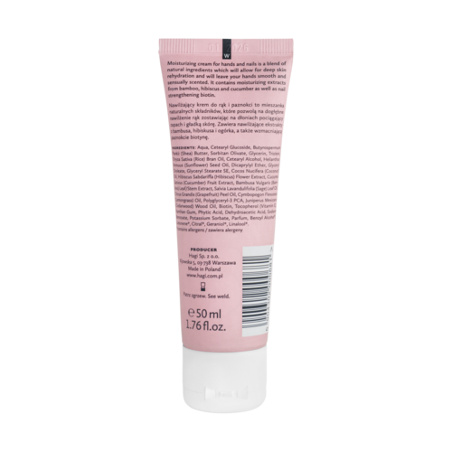 En rosa tube med fuktighetsgivende håndkrem med tekst og strekkode, inneholder 50 ml.