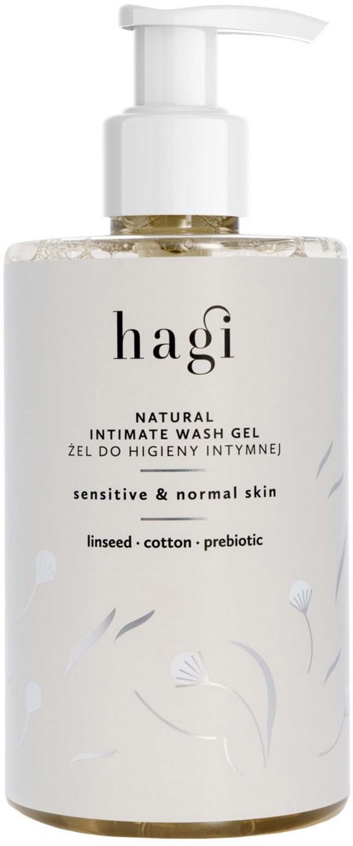 En klar flaske med pumpe merket 'hagi' inneholder naturlig intimvaskgel for sensitiv hud.