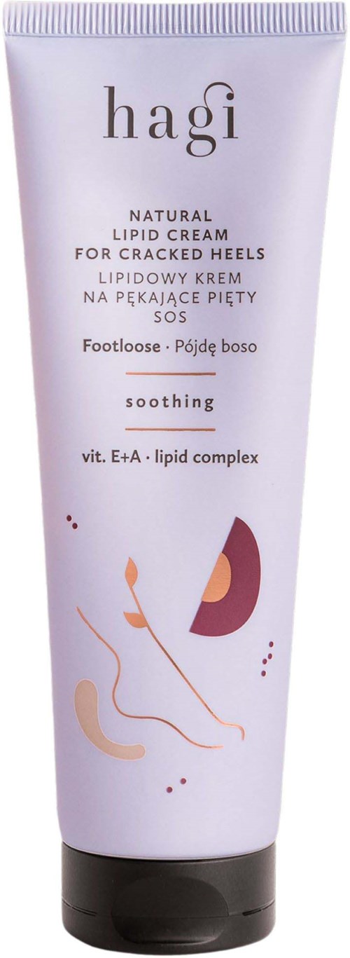 A white tube with black cap, labeled Hagi natural lipid cream for cracked heels, features a simple, minimal design.