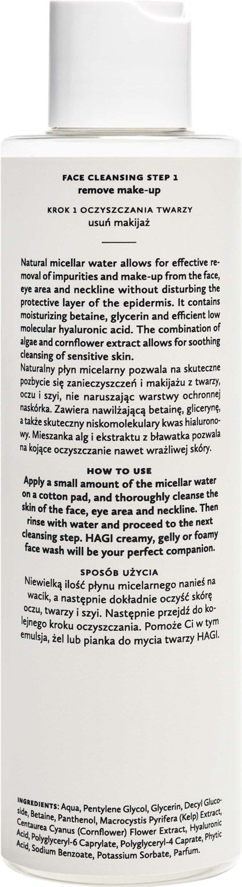 Bilden visar en vit flaska med text om ansiktsrensning, ingredienser och användningsinstruktioner.