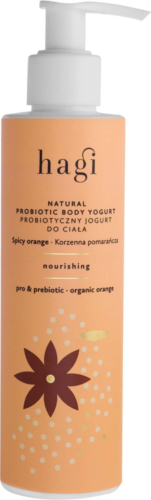 Een abrikooskleurige fles met pomp, label 'hagi' voor probiotische lichaamsyoghurt met sinaasappelsmaak.