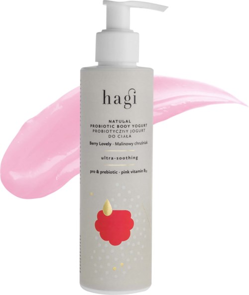 En vit flaska med pump, märkt 'hagi,' innehåller probiotisk kroppsyoghurt med rosa och gula detaljer.