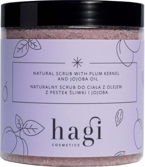 A jar of natural body scrub with plum kernel and jojoba oil, decorated with leaf illustrations.