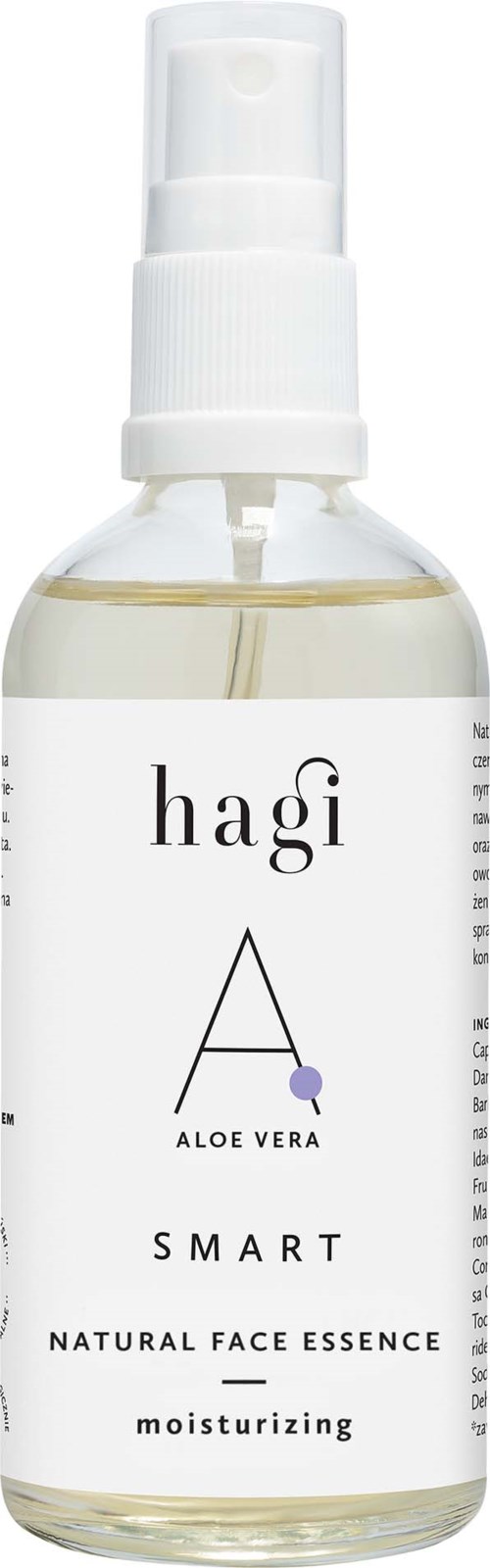 En vit sprayflaska med en etikett som säger 'hagi' och 'Aloe Vera'. Det är en ansiktsfuktighetsessens.