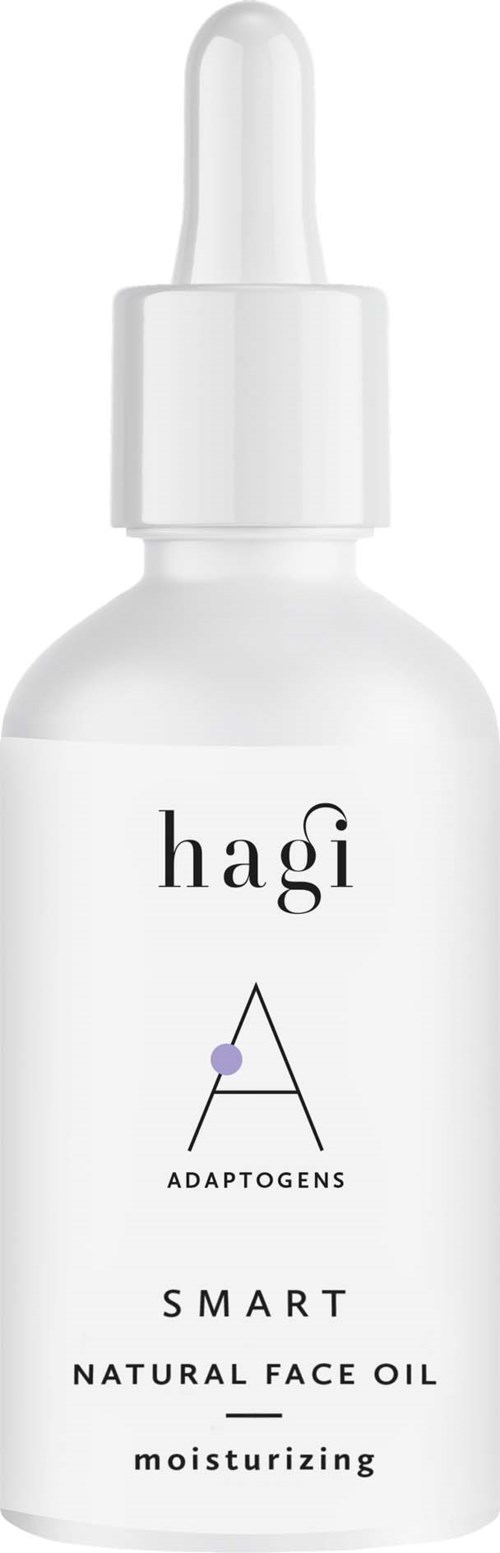 Hvit flaske med dråpehette, merket 'hagi Adaptogens Smart Natural Face Oil Moisturizing'.