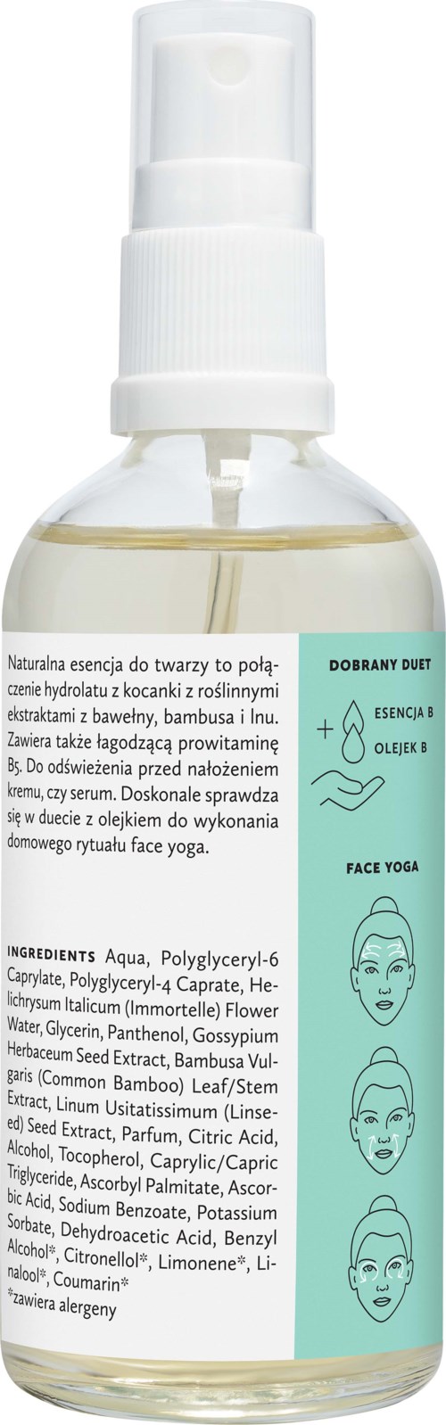 Valkoinen kasvosuihku pullo, jossa on pumppu ja etiketti, jossa on kasvomaski ja jooga-NAAMIO-kuvituksia.