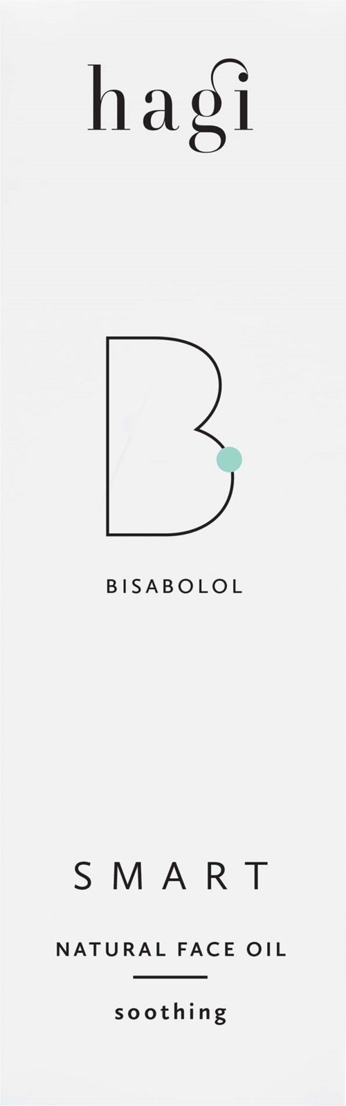 Et minimalistisk produktmerke for Hagi Bisabolol naturlig ansiktsolje, som viser at det er et beroligende, smart produkt.