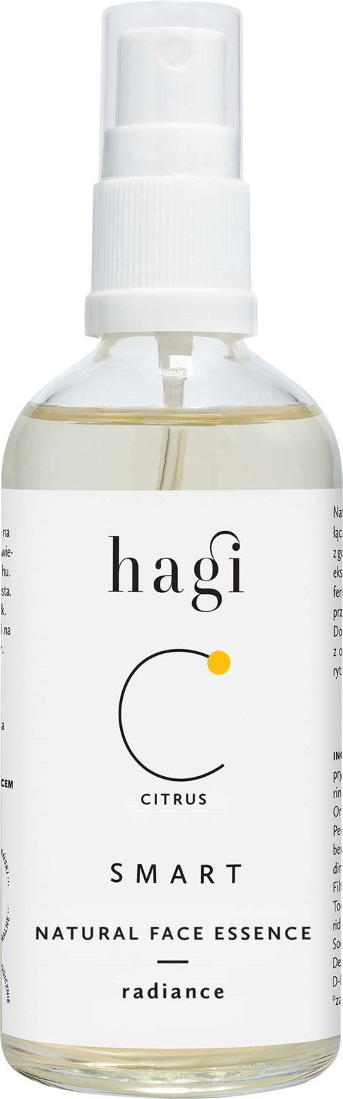 Kirkas suihkepullo, jossa lukee 'Hagi Citrus Smart Natural Face Essence Radiance', valkoinen sumutin.