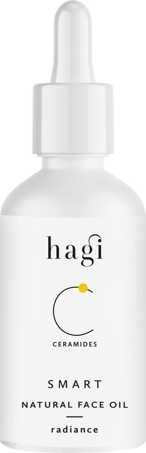 Valkoinen pullo tipparuuvilla, jossa lukee 'Hagi Ceramides Smart Natural Face Oil Radiance'.