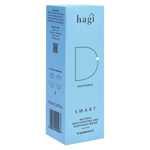 En lyseblå boks for Hagi-pleieprodukt med stor 'D' og omtaler av panthenol og fuktighetsgivende serum.