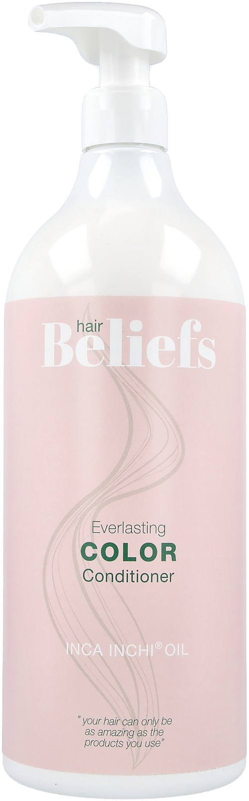 En hvit pumpeflaske med rosa etikett for hårbalsam, merket 'Hair Beliefs Everlasting Color Conditioner.'