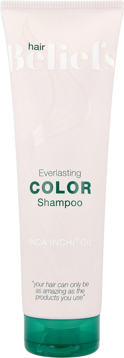 En hvit tube med grønn lokk, merket som Everlasting Color Shampoo for hår. Den nevner Inca Inchi Oil.