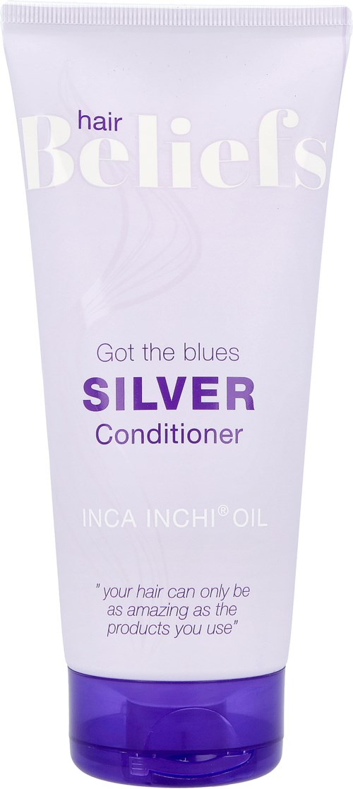 En tube med hårbalsam kalt 'Hair Beliefs,' med lilla detaljer og ordene 'Got the blues SILVER Conditioner.'