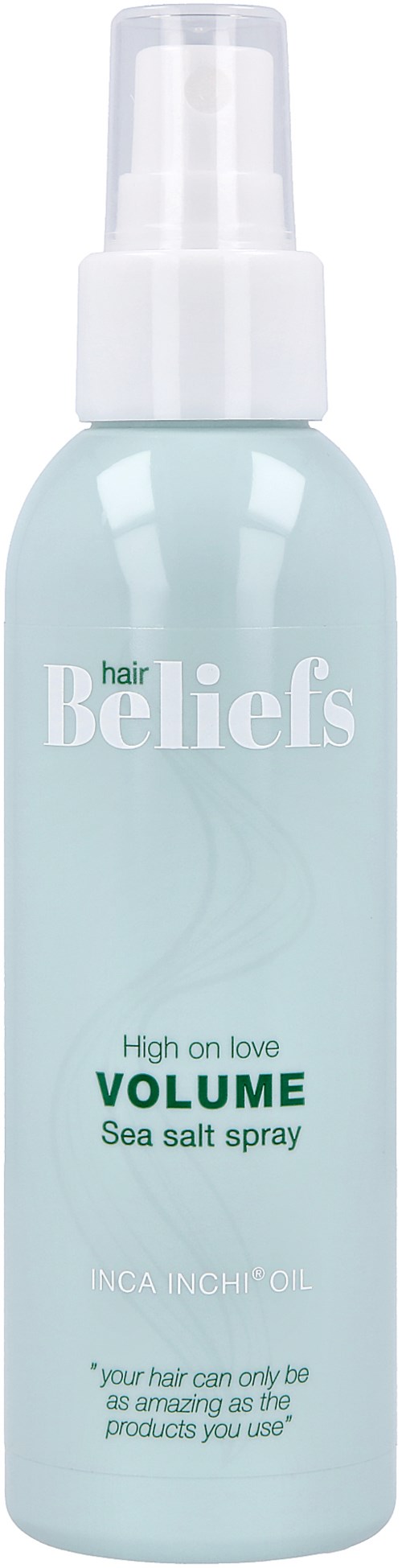 En lyseblå sprayflaske mærket 'hair beliefs' med hvid sprayhætte, fremmer volume og havsalt spray til hår.