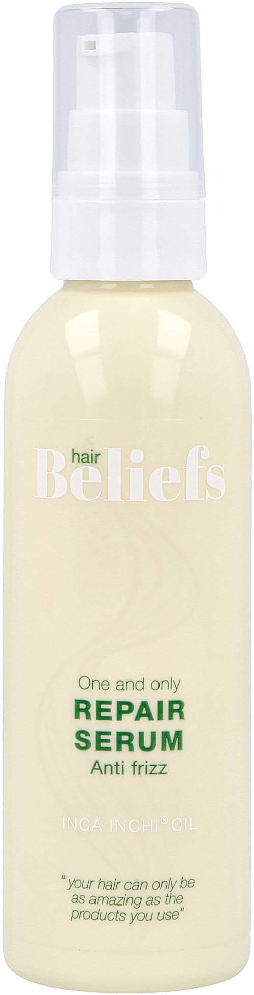 En flaska med hårrättande serum för anti-frizz, med spraypump och ljus färg, märk för hårrvård.