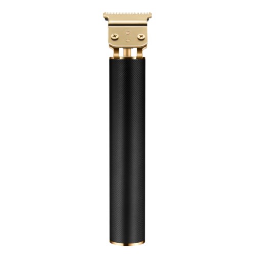 Een zwarte en gouden tondeuse met een getextureerd handvat en metalen messen.