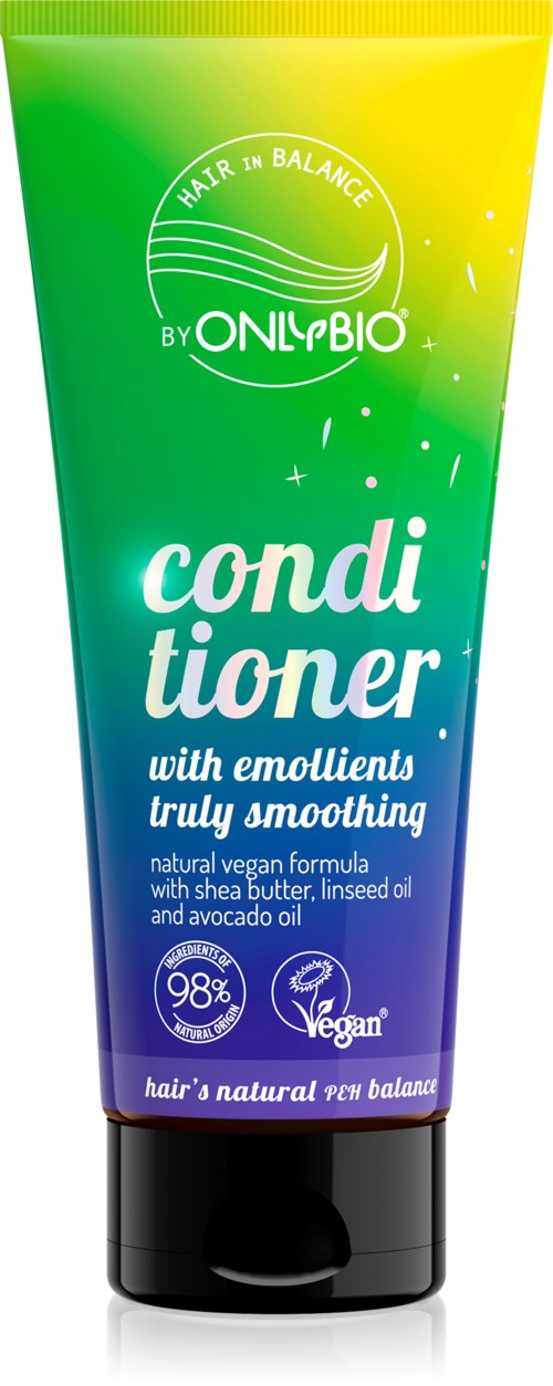 Green and yellow tube of beautifying conditioner with vegan formula, shea butter, and avocado oil.