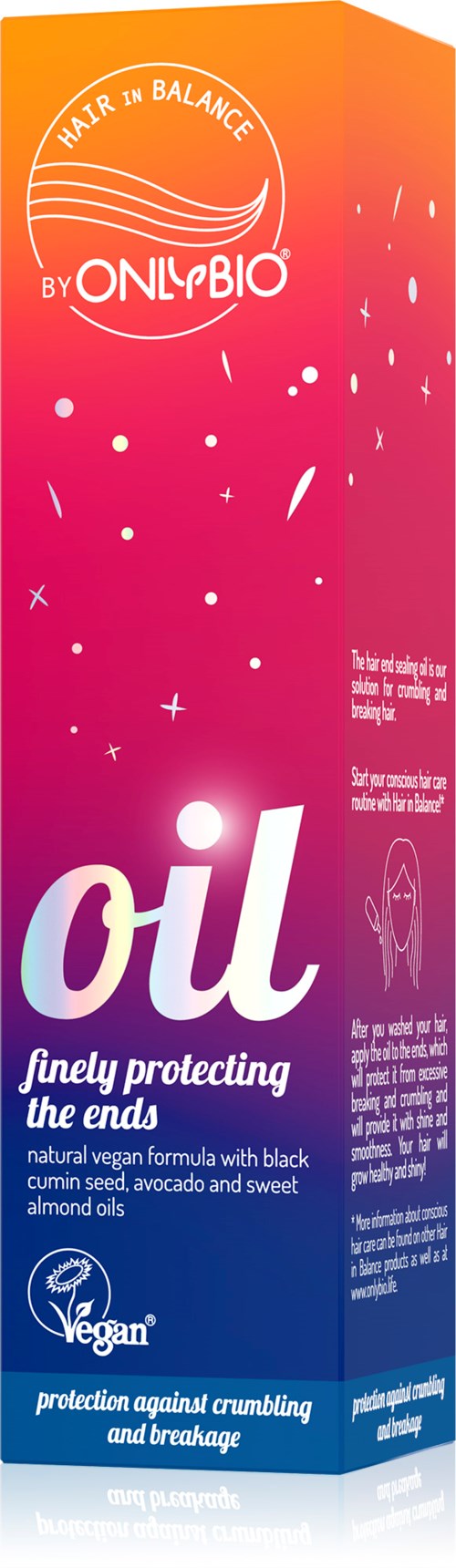 En färgglad förpackning märkt 'Oil' med orden 'finely protecting the ends' och vegancertifiering, med en gradientbakgrund från orange till lila.