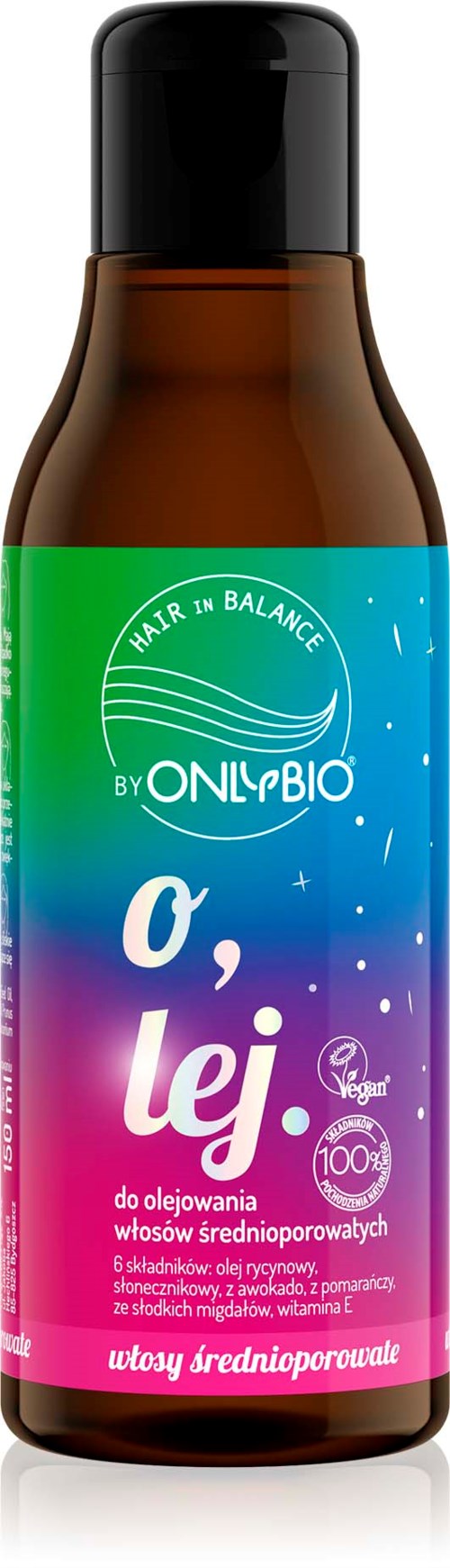 A small brown bottle with a black cap, green and blue label, and pink and purple text, for hair oil.