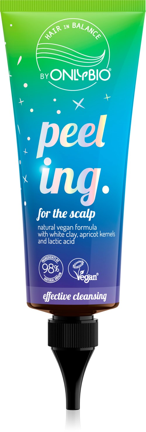 Green, blue, and purple tube labeled 'Peeling for the scalp,' with icons for vegan and effective cleansing.