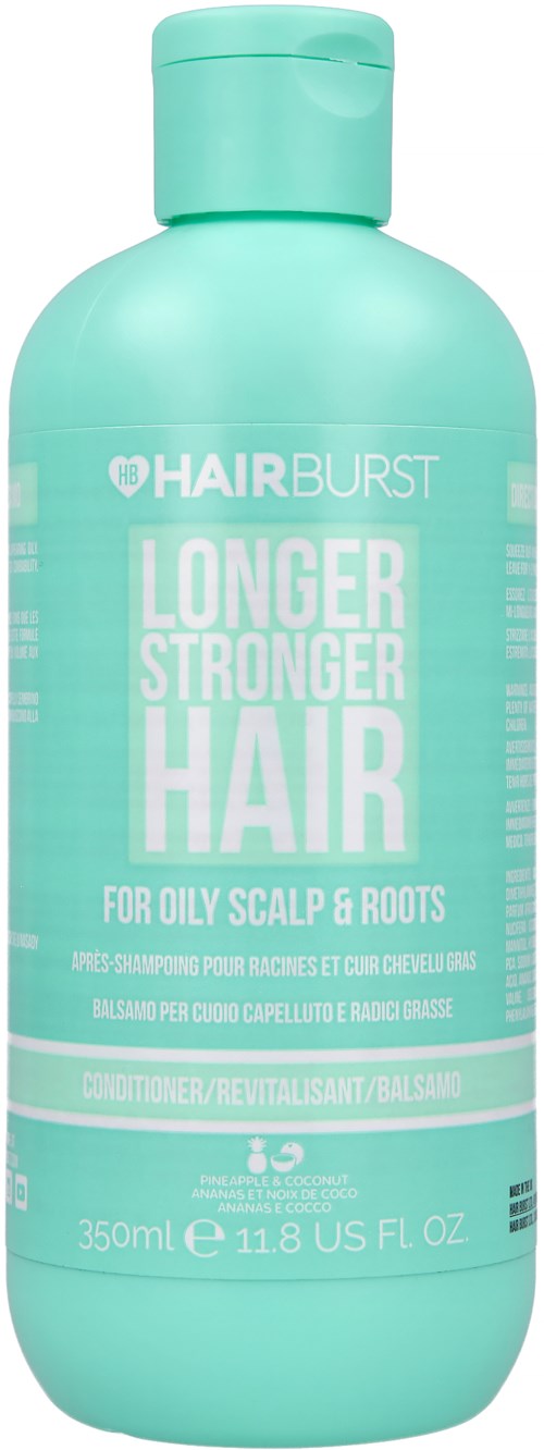 En blågrön flaskas schampo märkt 'Hair Burst' för längre, starkare hår. Passar för oljig hårbotten och rötter.
