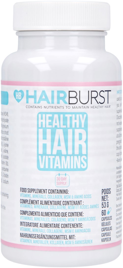 En hvit flaske merket 'Hair Burst' og 'Healthy Hair Vitamins', inneholder 60 kapsler for hårhelse.