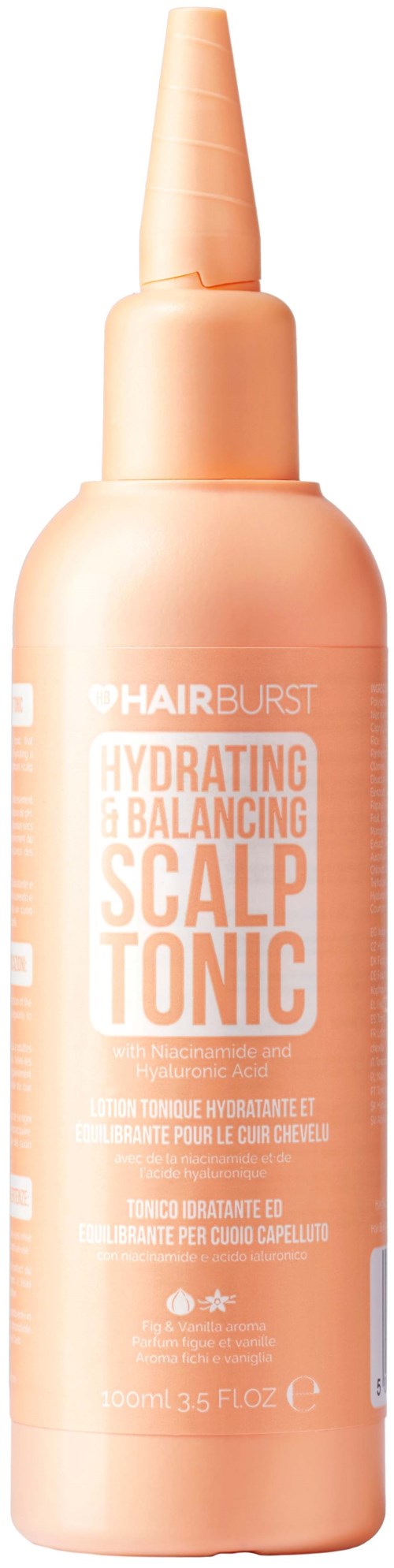 Een perzikkleurige fles met puntige dop, gelabeld 'SCALP TONIC' voor haarverzorging. Het hydrateert en brengt balans.