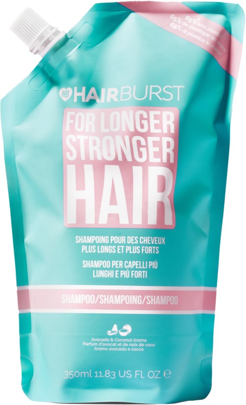 En teal og rosa hårsjampo-emballasje med tut, merket for lengre, sterkere hår, inneholder 350 ml.