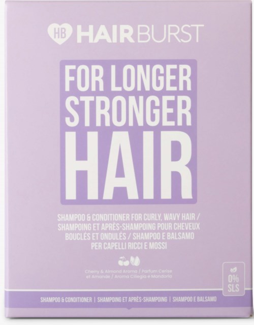 The box features a purple design with bold text promoting long-lasting, strong hair. It is for curly, wavy hair shampoos and conditioners.