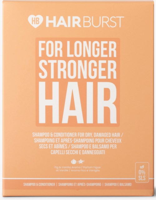 A box of shampoo and conditioner for dry, damaged hair, with bold white text and orange background.