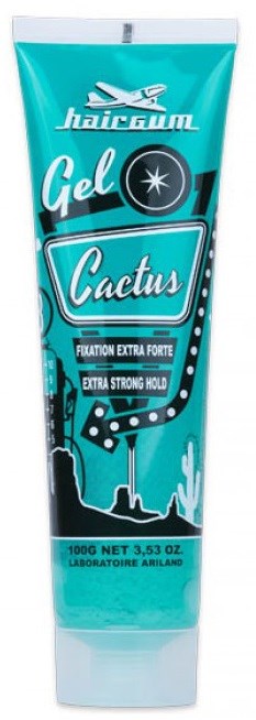 En blå tub med hårgelé som heter 'Gel Cactus' med ett kaktus-illustration och påstår sig ha starkt håll.
