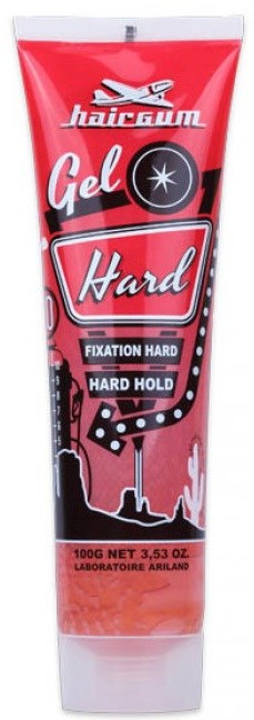 En röd tub med hårgelé som heter 'Hard' med svartvita designs och olika typsnitt.