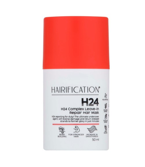 En hvit flaske med rød hett for hårreparasjon, merket Hairification H24, inneholder 50 ml leave-in maske.
