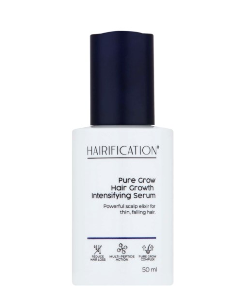 En hvit flaske med en navy-hette som sier HAIRIFICATION og beskriver sitt hårvekstserum for tynt hår.